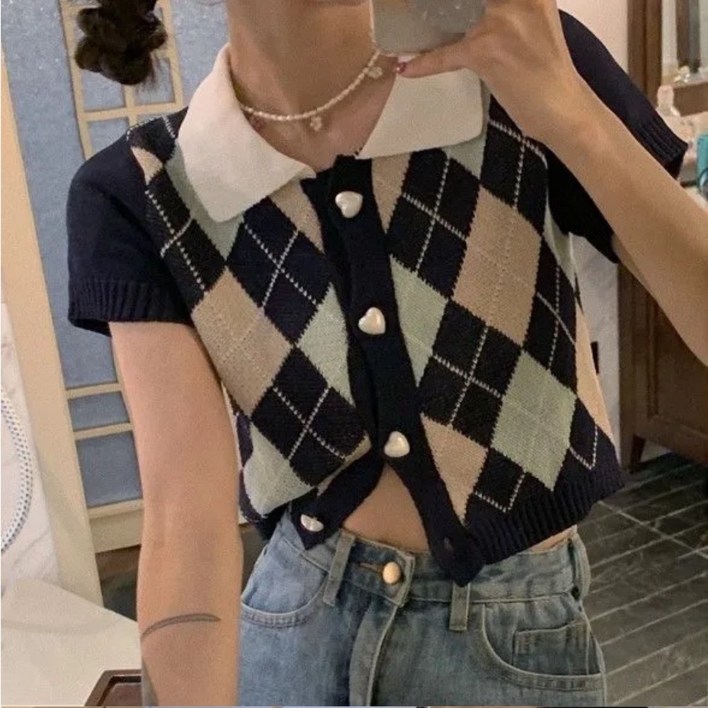 Y2K Short Sleeve Cropped Knit Polo Cardigan Top